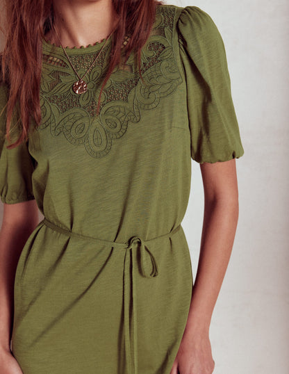 Cutwork Detail Short Dress-Woodland Green-3