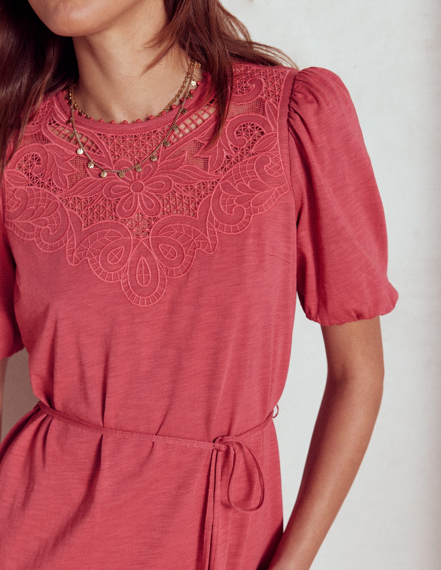 Cutwork Detail Short Dress-Terracotta