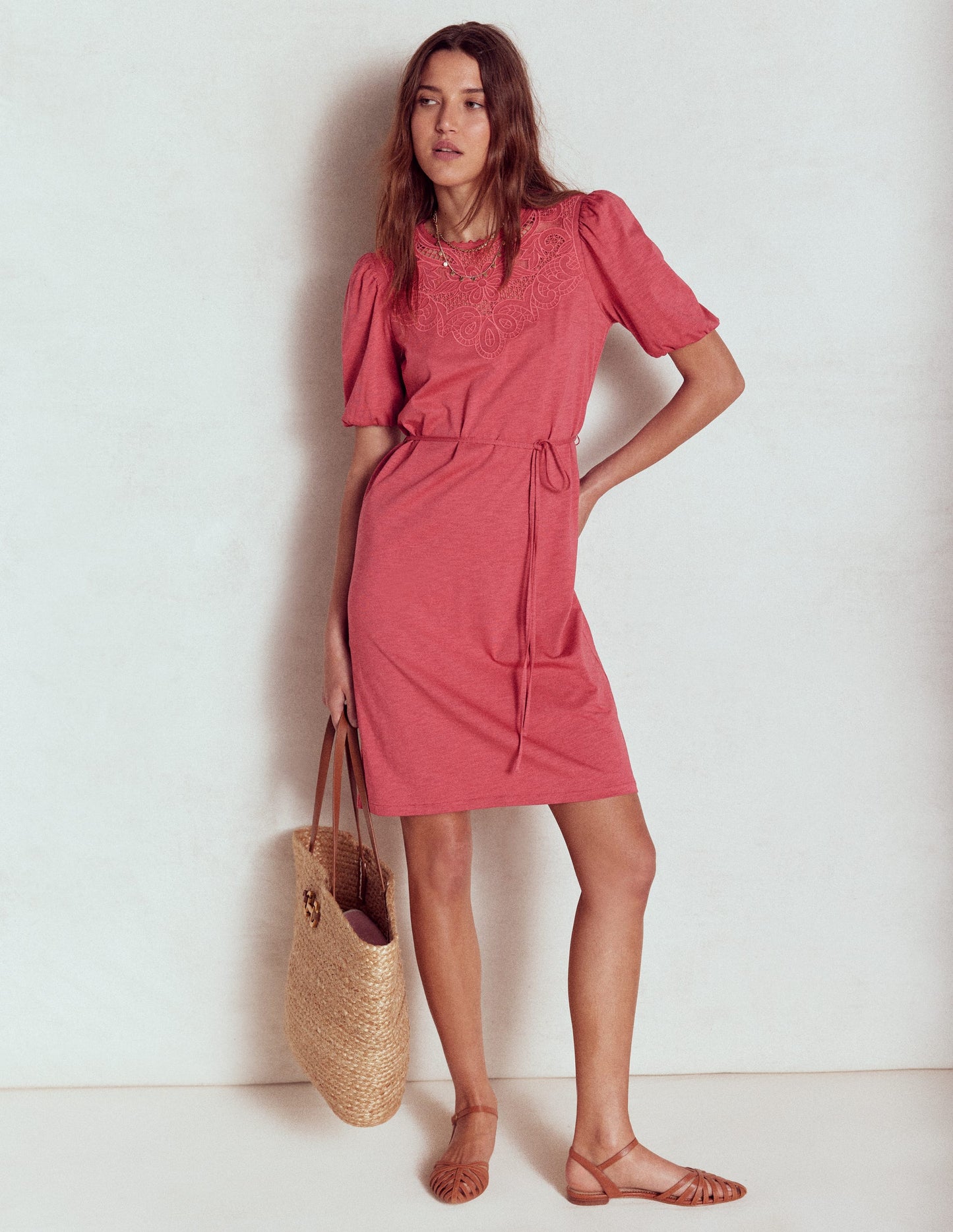 Cutwork Detail Short Dress-Terracotta