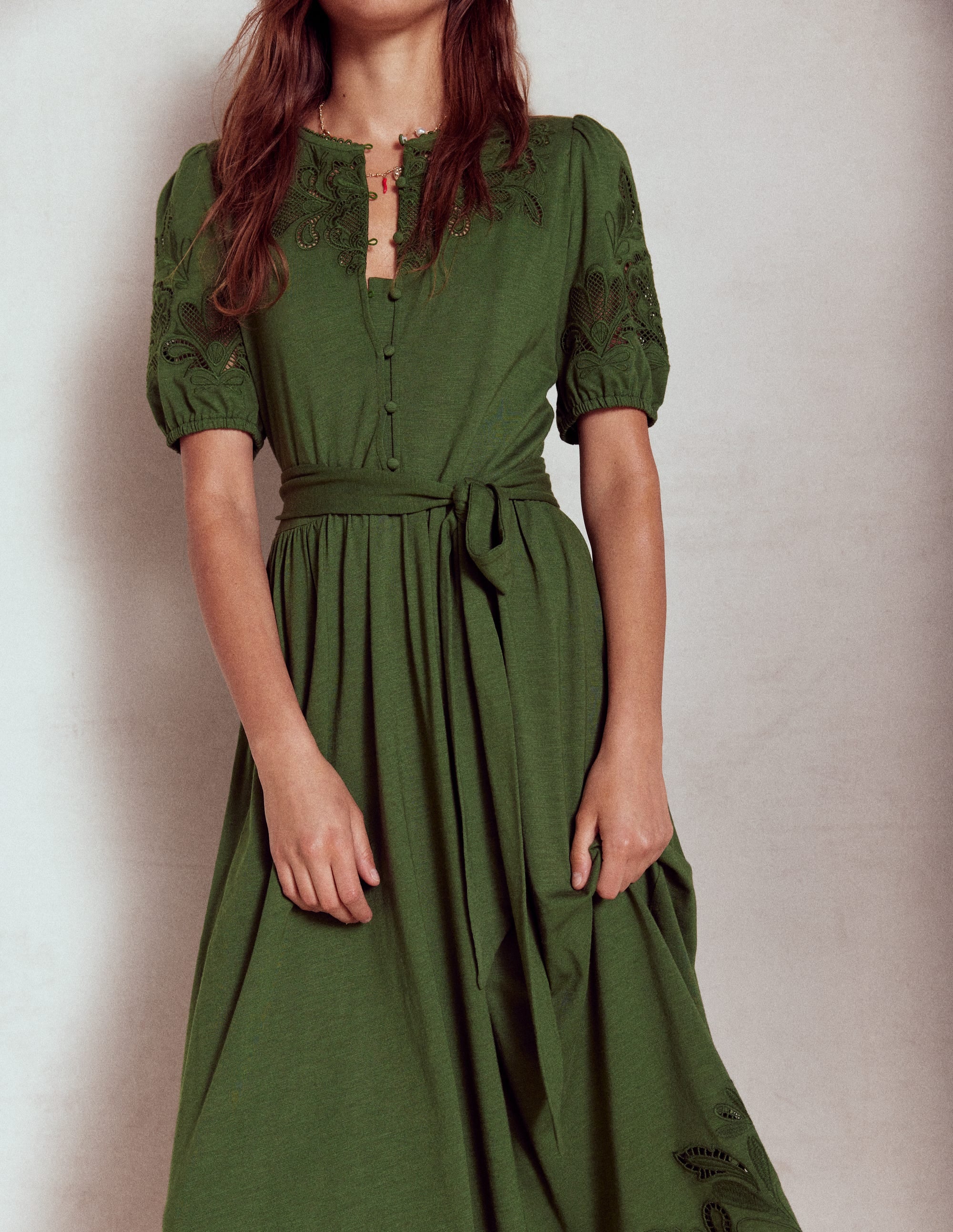 Cutwork Detail Midi Dress-Green Fir - Image 2