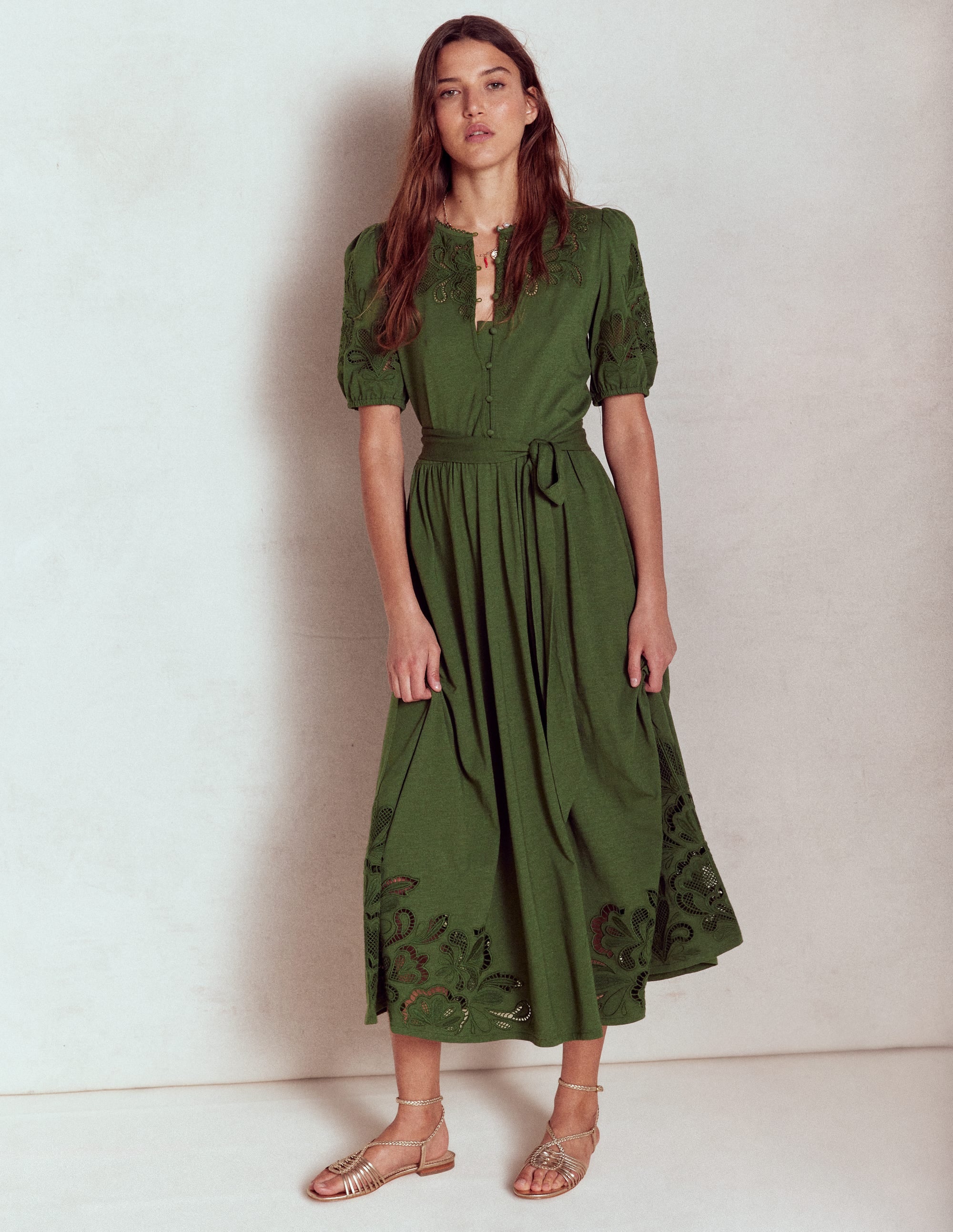 Cutwork Detail Midi Dress-Green Fir - Image 4