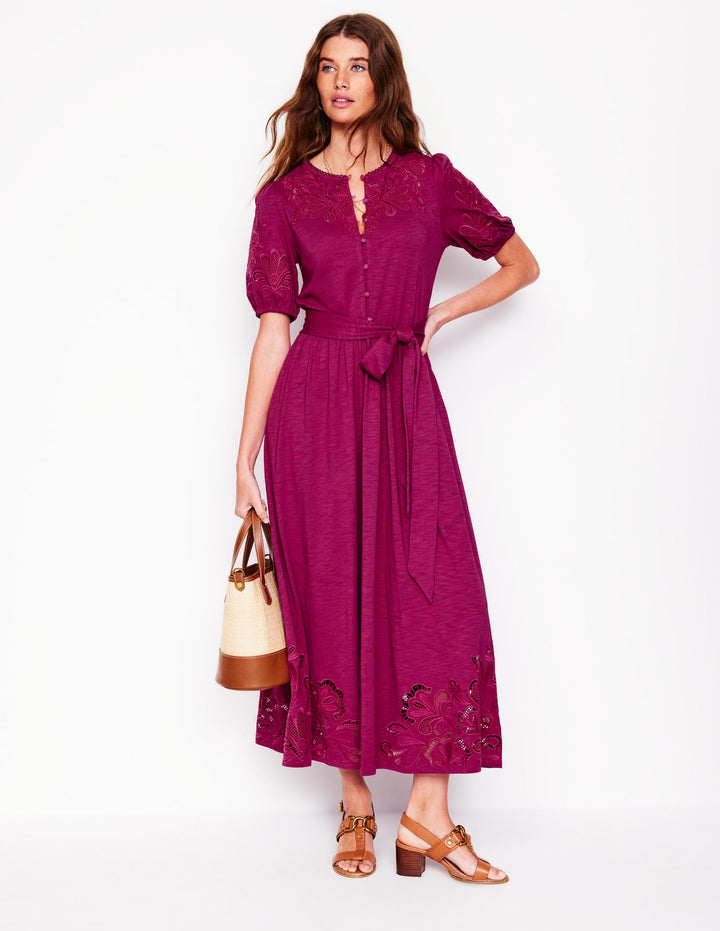Cutwork Detail Midi Dress-Rich Magenta