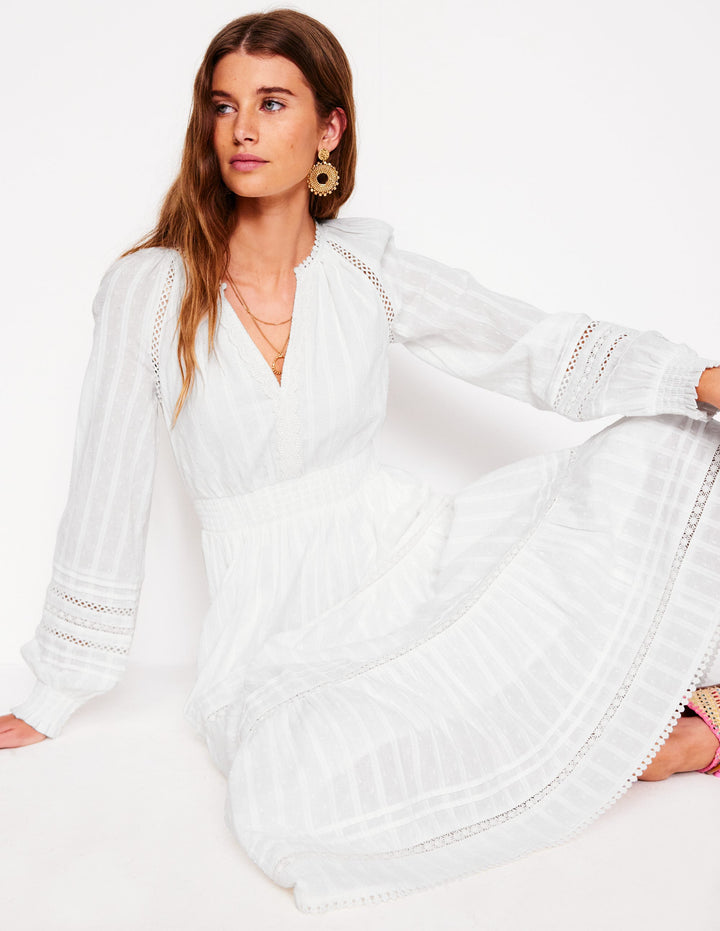 Ruffle Smocked Cotton Dress-White