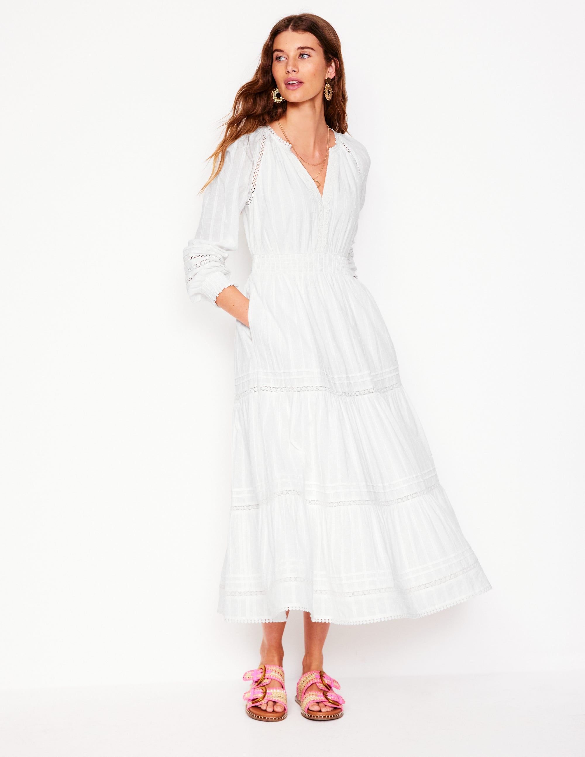 Ruffle Smocked Cotton Dress-White - Image 4