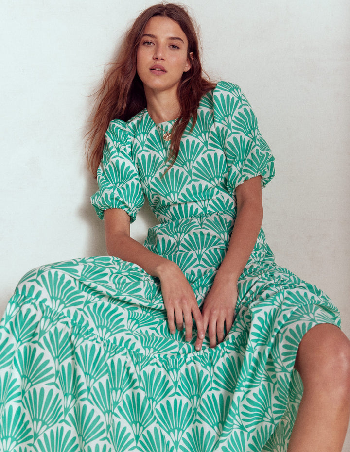 Tiered Poplin Maxi Dress-Aquamarine Blue, Deco Palm