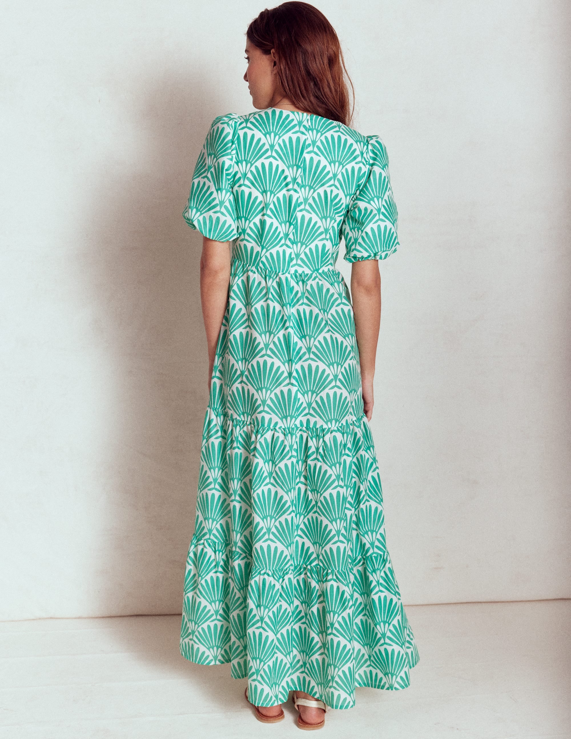 Tiered Poplin Maxi Dress-Aquamarine Blue, Deco Palm - Image 3