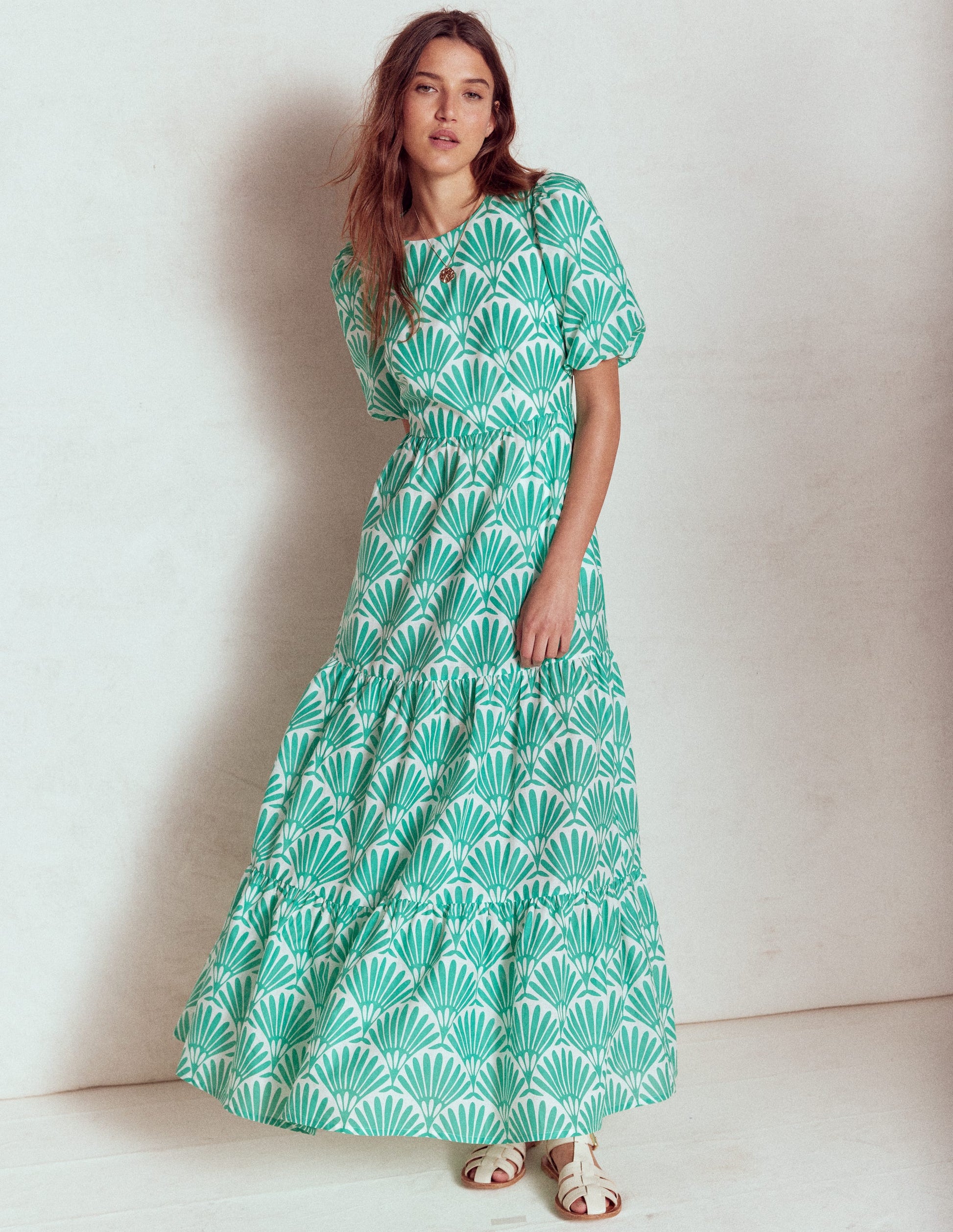 Tiered Poplin Maxi Dress-Aquamarine Blue, Deco Palm | Boden UK Tiered Poplin Maxi Dress-Aquamarine Blue, Deco Palm | Boden UK