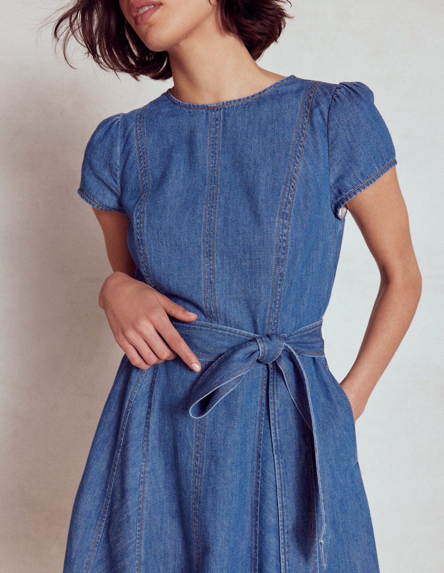 Imo Denim Godet Short Dress-Mid Vintage Denim