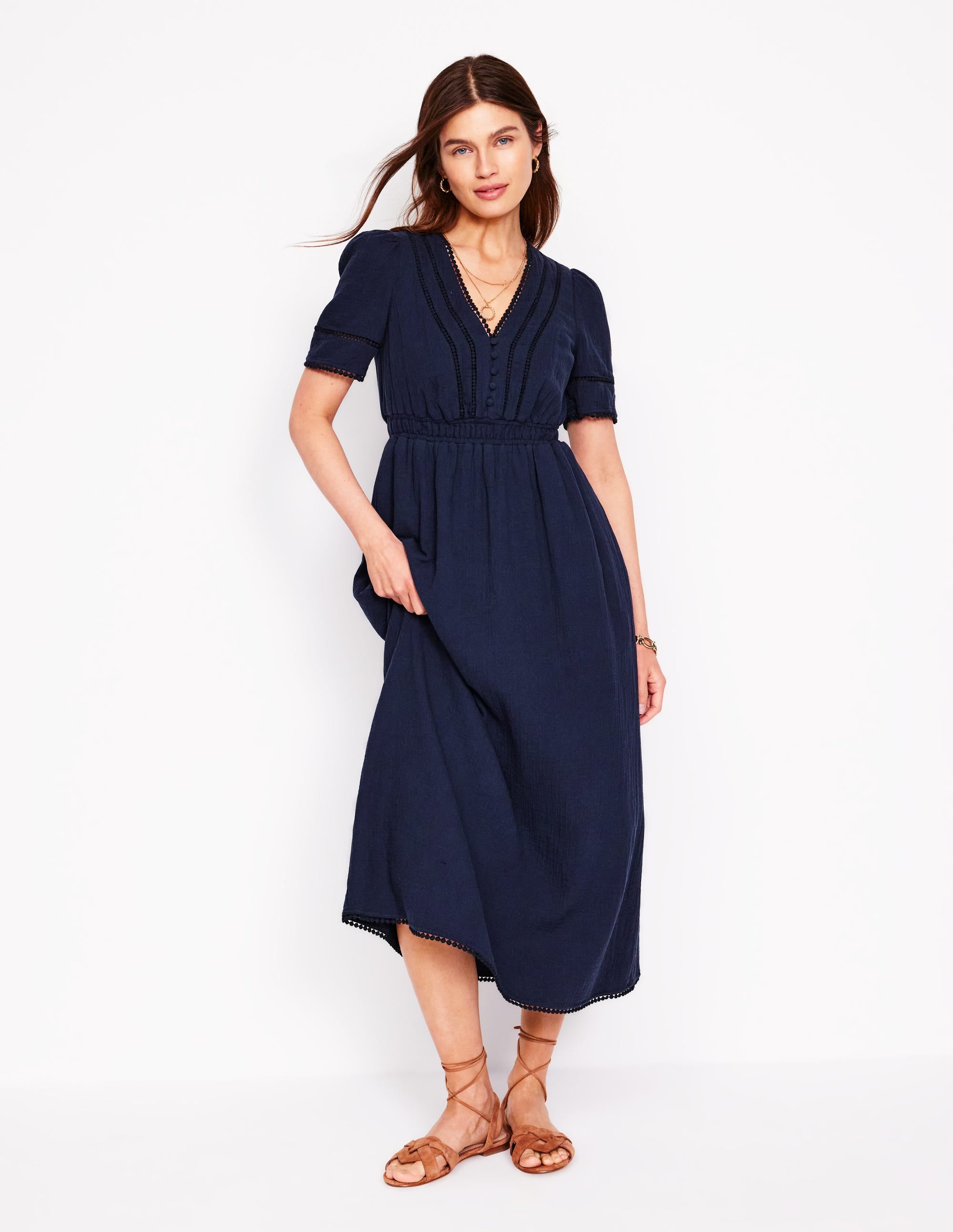 Trim Double Cloth Dress-Navy - Image 1
