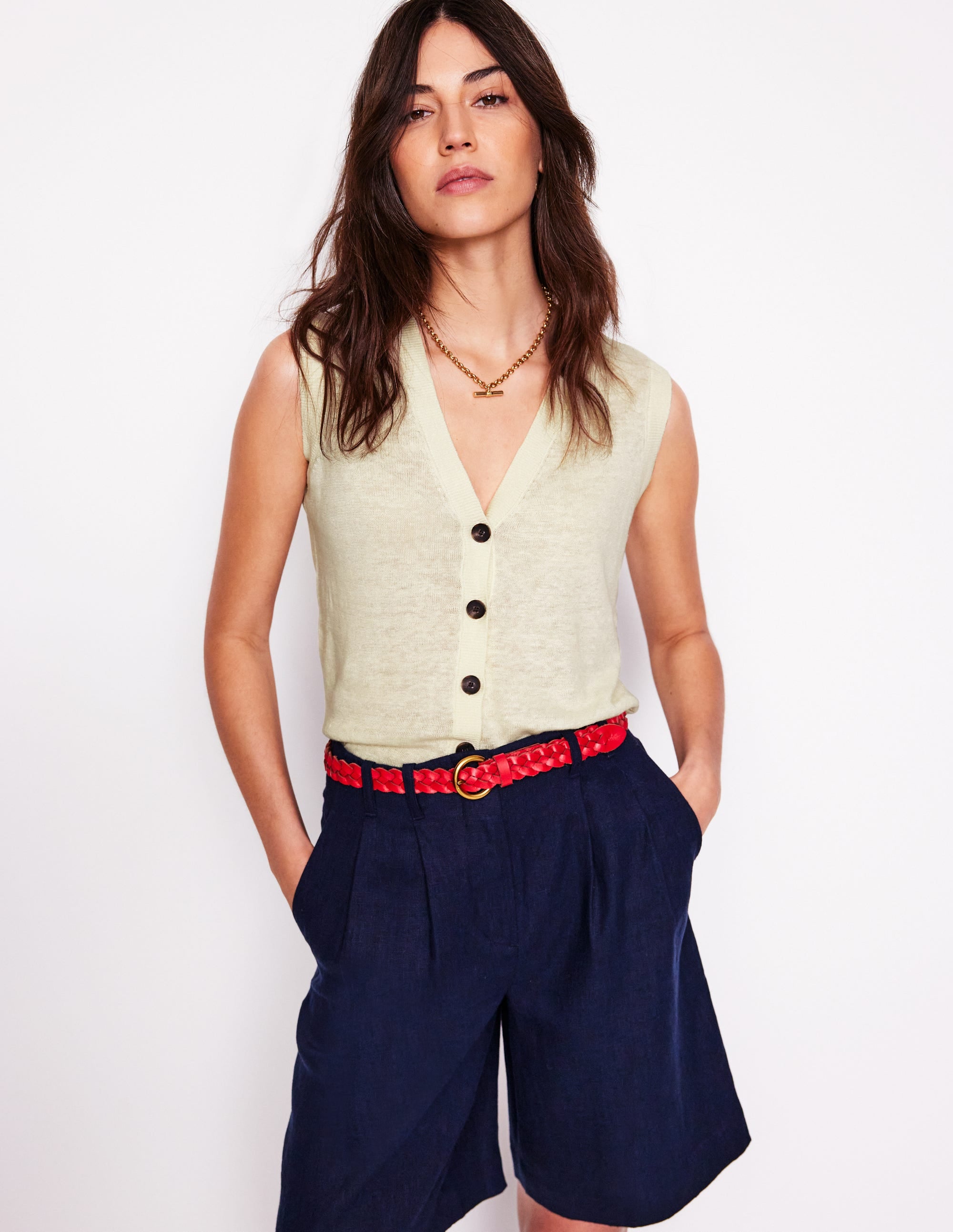 V-Neck Linen Waistcoat-Warm Ivory - Image 1