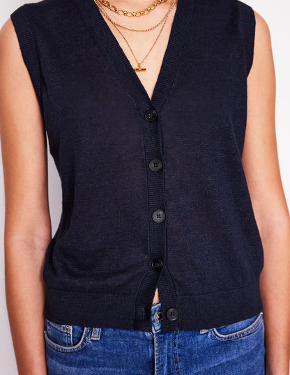 V-Neck Linen Waistcoat-Navy-2