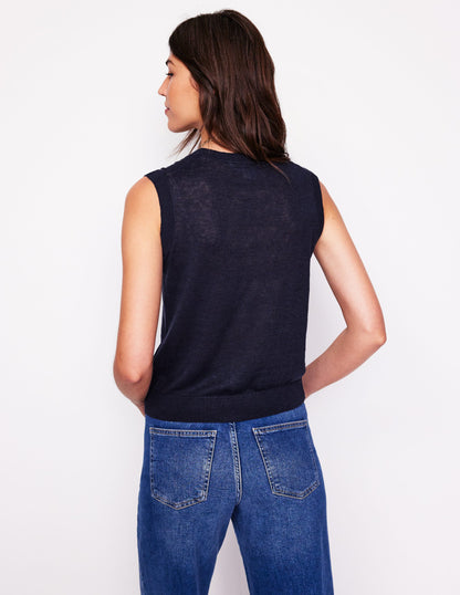 V-Neck Linen Waistcoat-Navy-3