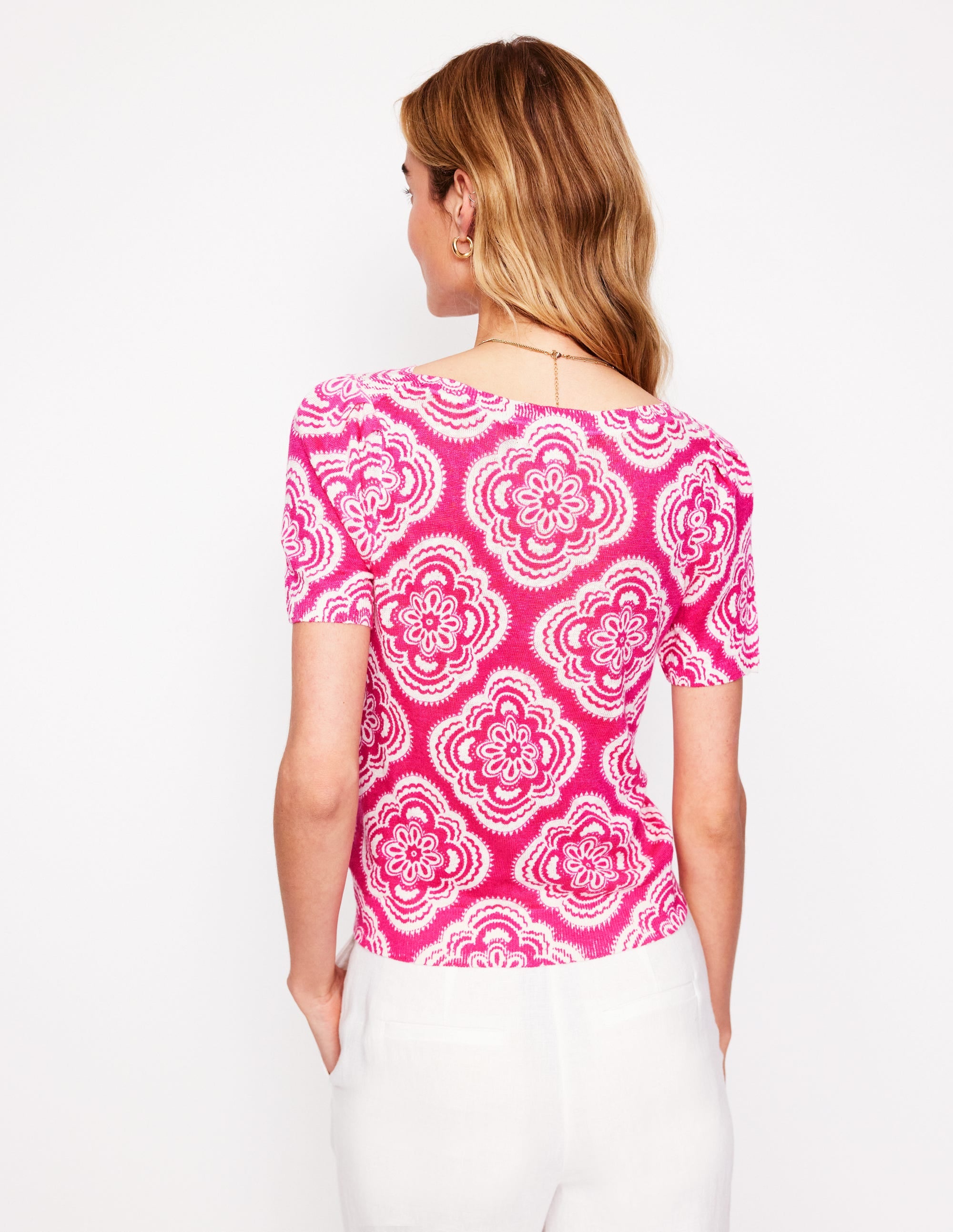 Liv Boat Neck Linen T-Shirt-Pink Peony, Botanic Blush - Image 3