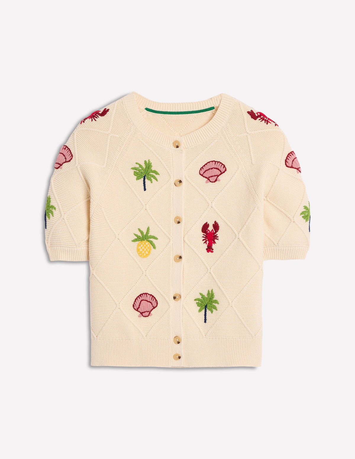 Embroidered T-Shirt Cardigan-Warm Ivory, Tropical Bonanza - Image 7