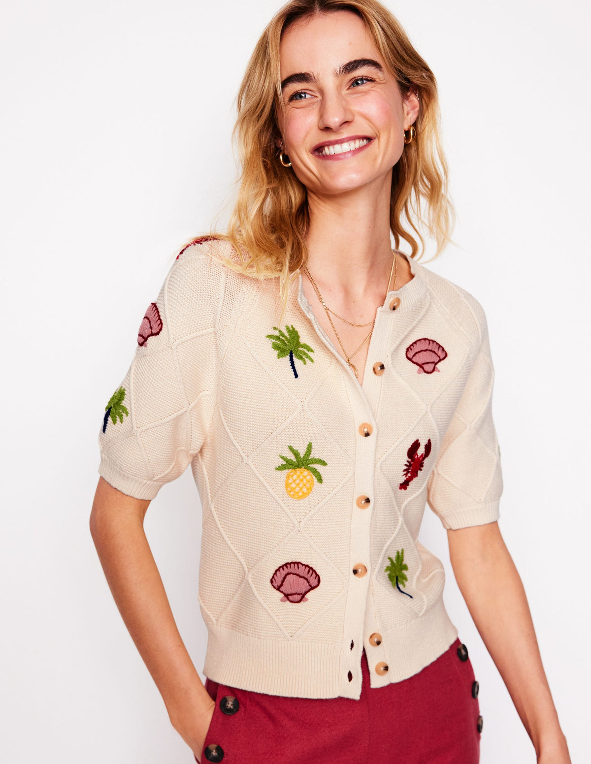 Embroidered T-Shirt Cardigan-Warm Ivory, Tropical Bonanza - Image 1