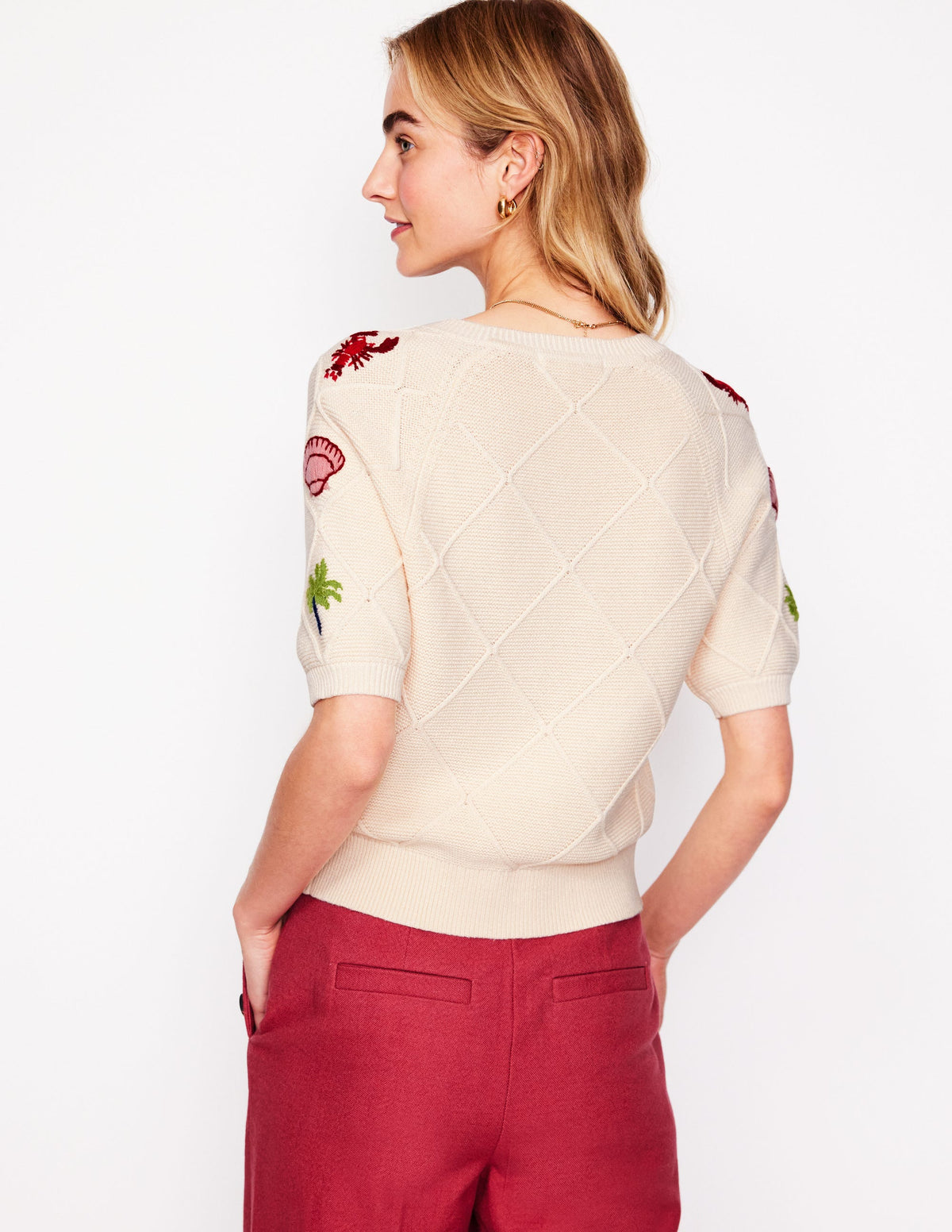 Embroidered T-Shirt Cardigan-Warm Ivory, Tropical Bonanza - Image 3