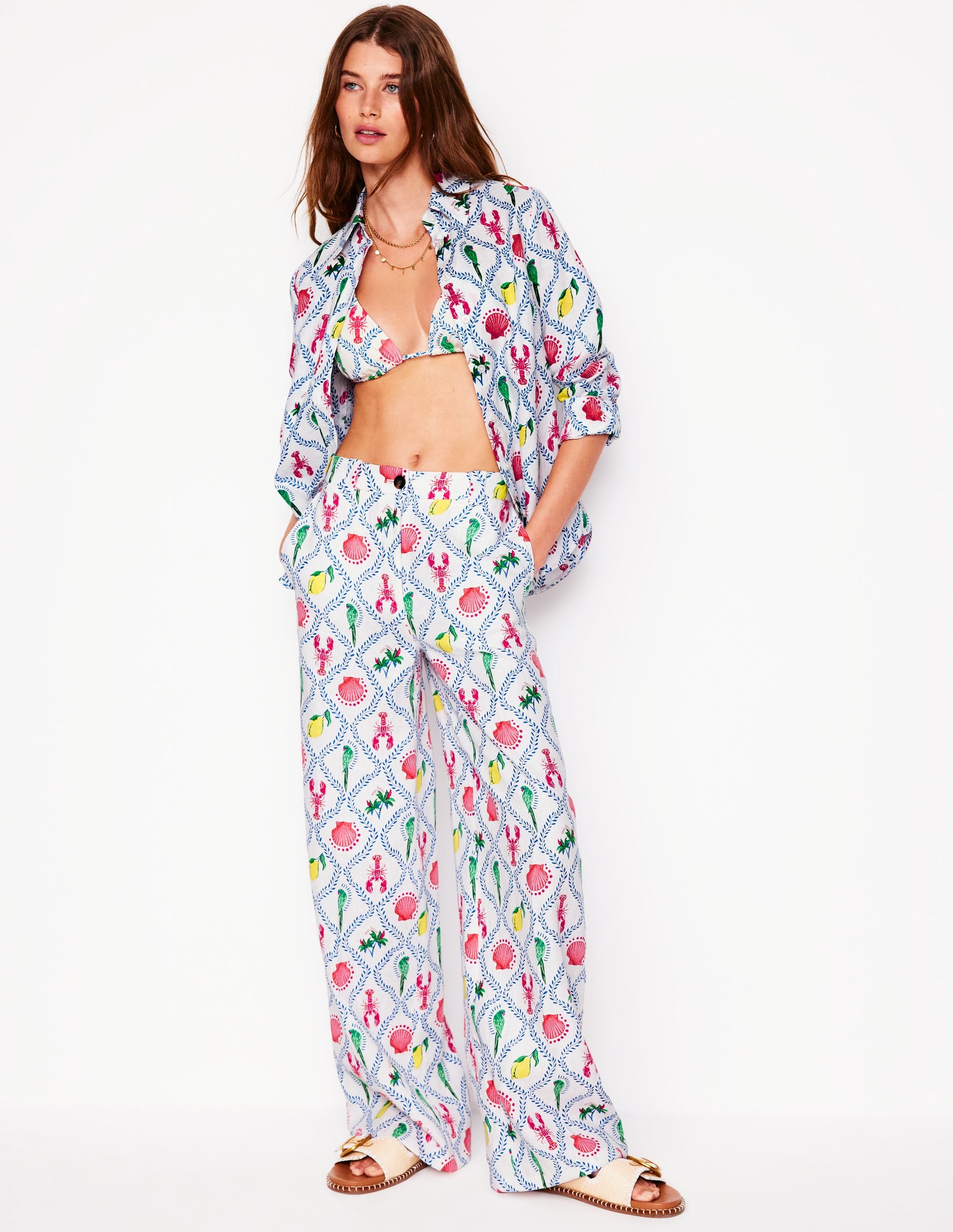 Westbourne Linen Trousers-Ivory, Tropical Bonanza Vine - Image 1