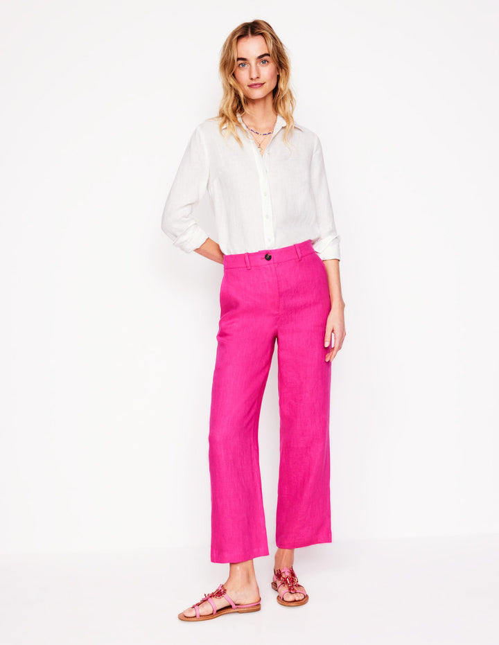 Westbourne Crop Linen Trousers-Pink Peony