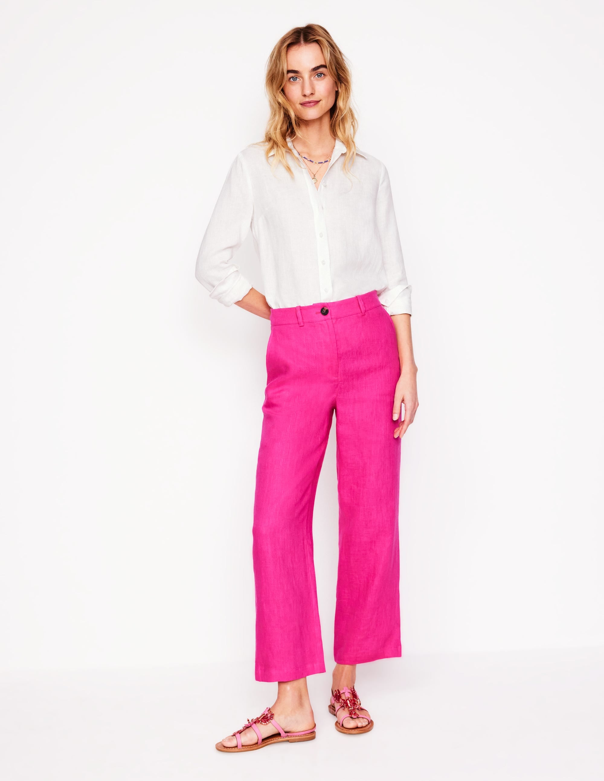 Westbourne Crop Linen Trousers-Pink Peony - Image 1