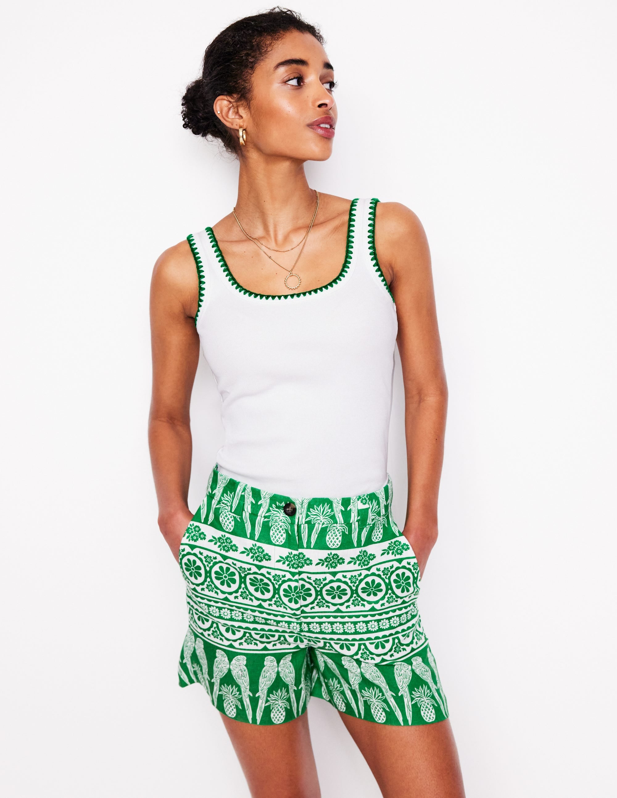 Westbourne Linen Shorts-Rich Emerald, Ornate Tropics - Image 1