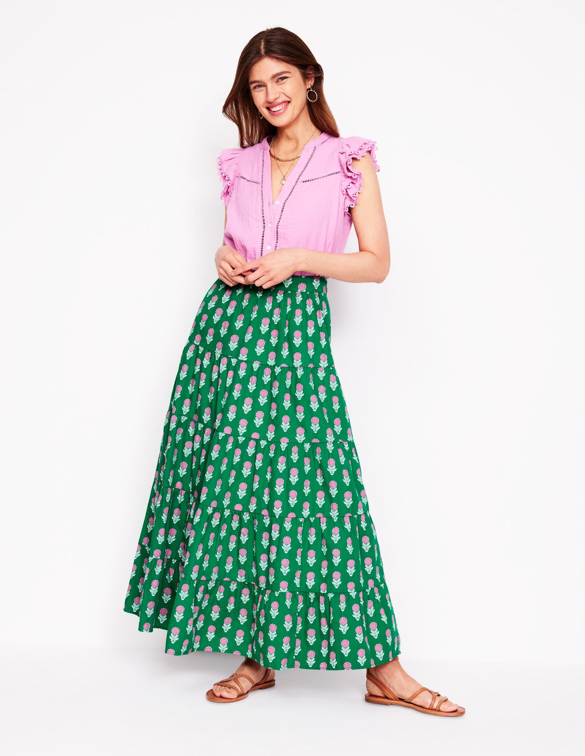 Nadia Poplin Maxi Skirt-Green Stamp, Dahlia Sprig - Image 1