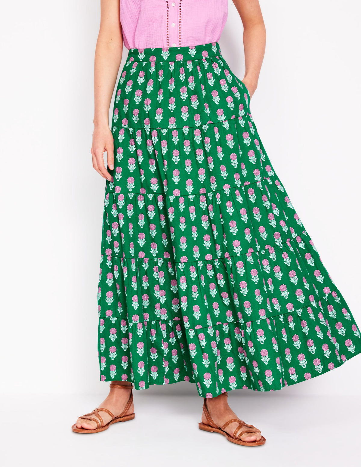 Nadia Poplin Maxi Skirt-Green Stamp, Dahlia Sprig - Image 4