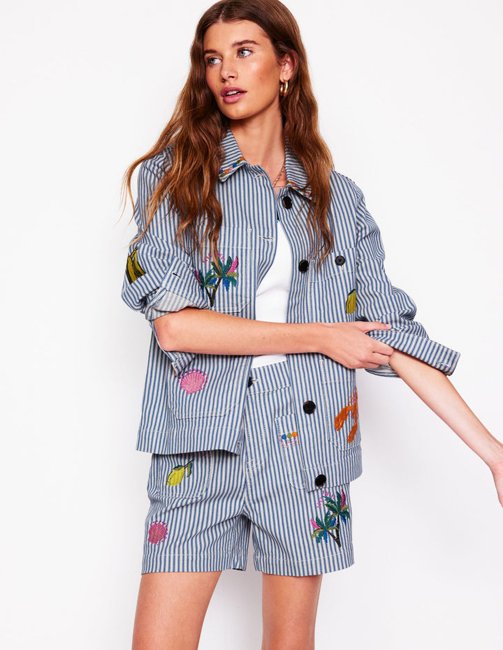 Pocket Front Denim Shorts-Ticking Stripe Embroidery