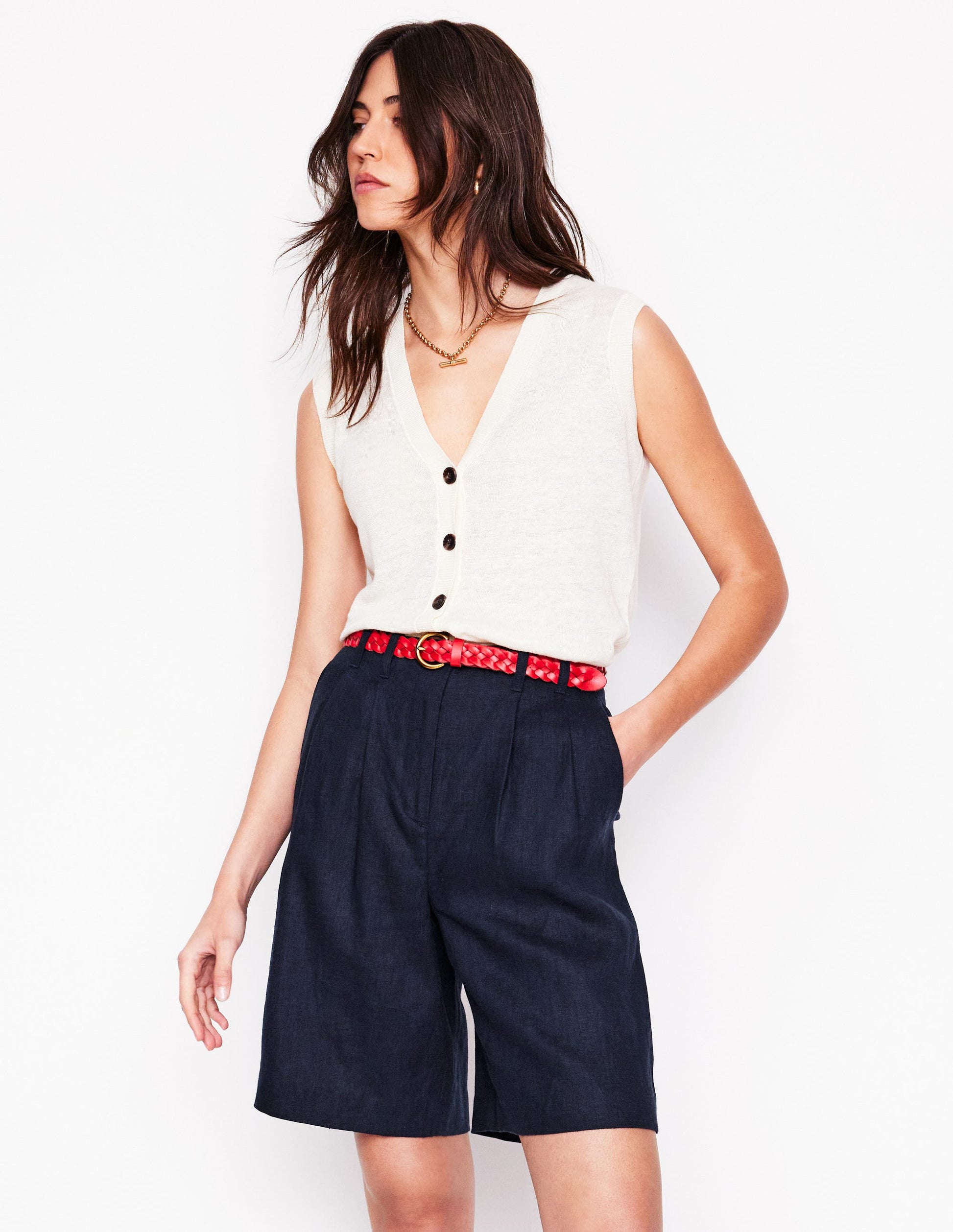 Pleat Linen Wide Leg Shorts-Navy-1