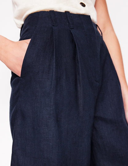 Pleat Linen Wide Leg Shorts-Navy-2