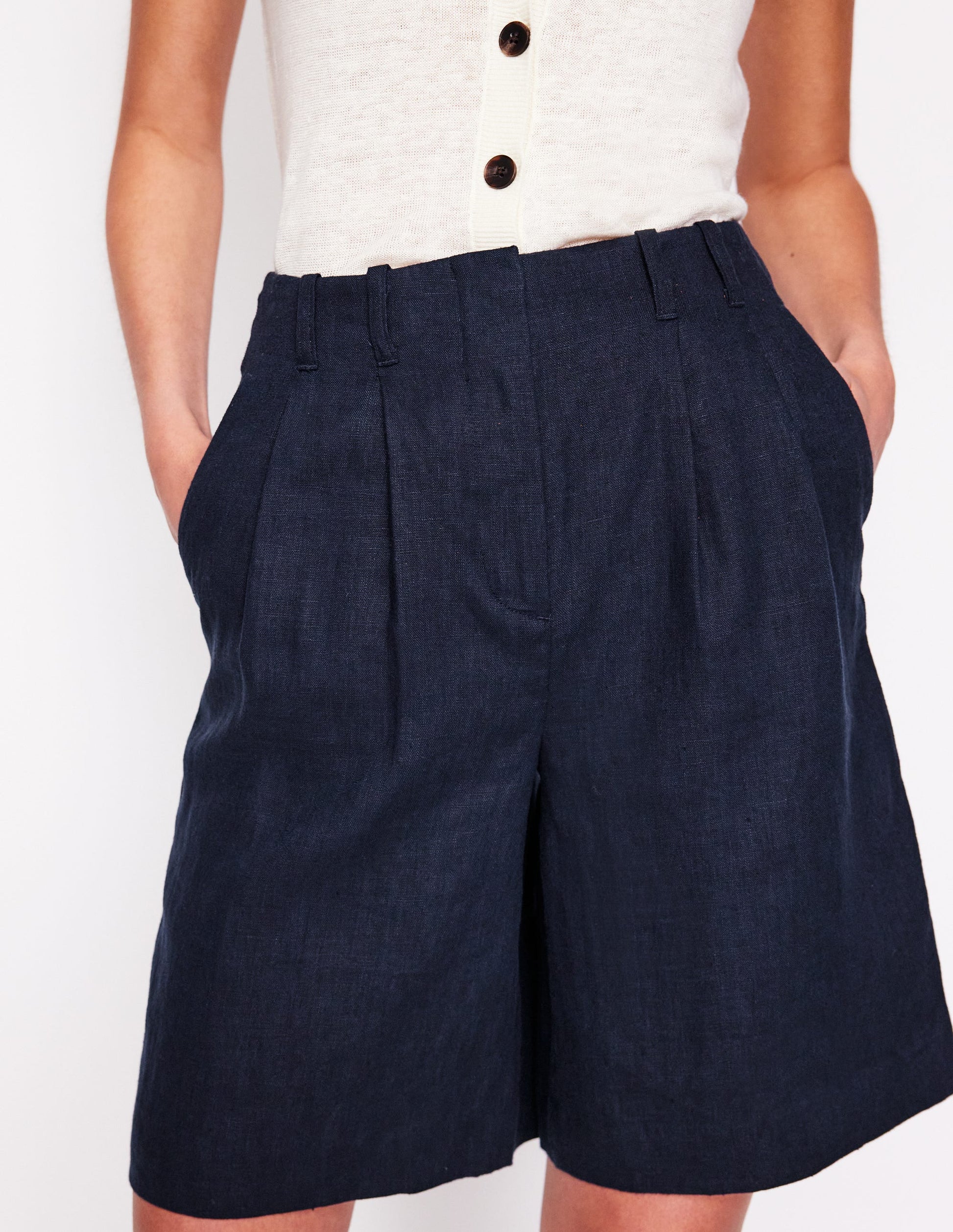 Pleat Linen Wide Leg Shorts-Navy-4