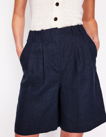Pleat Linen Wide Leg Shorts-Navy-4