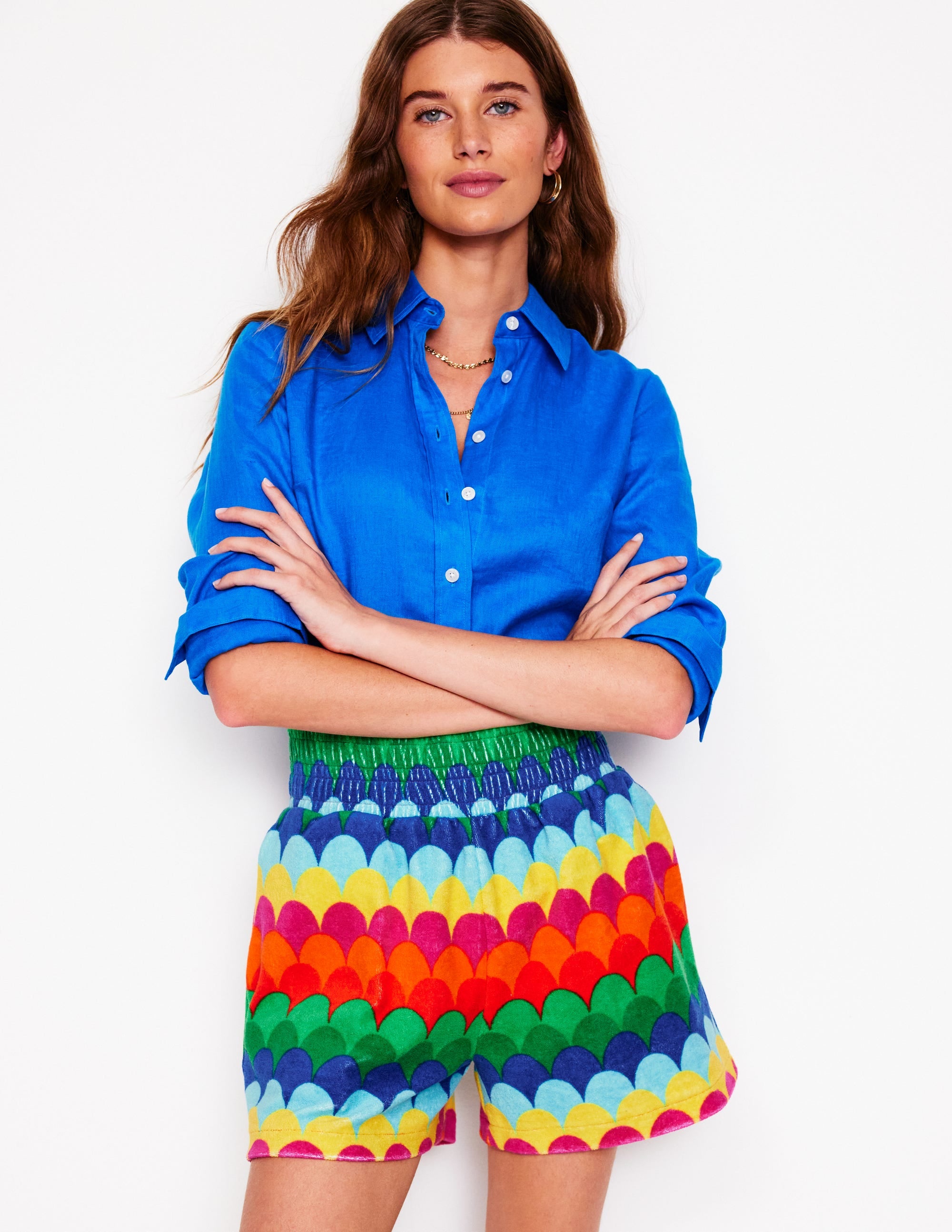 Smocked Towelling Short-Multi, Scallop Stripe - Image 1