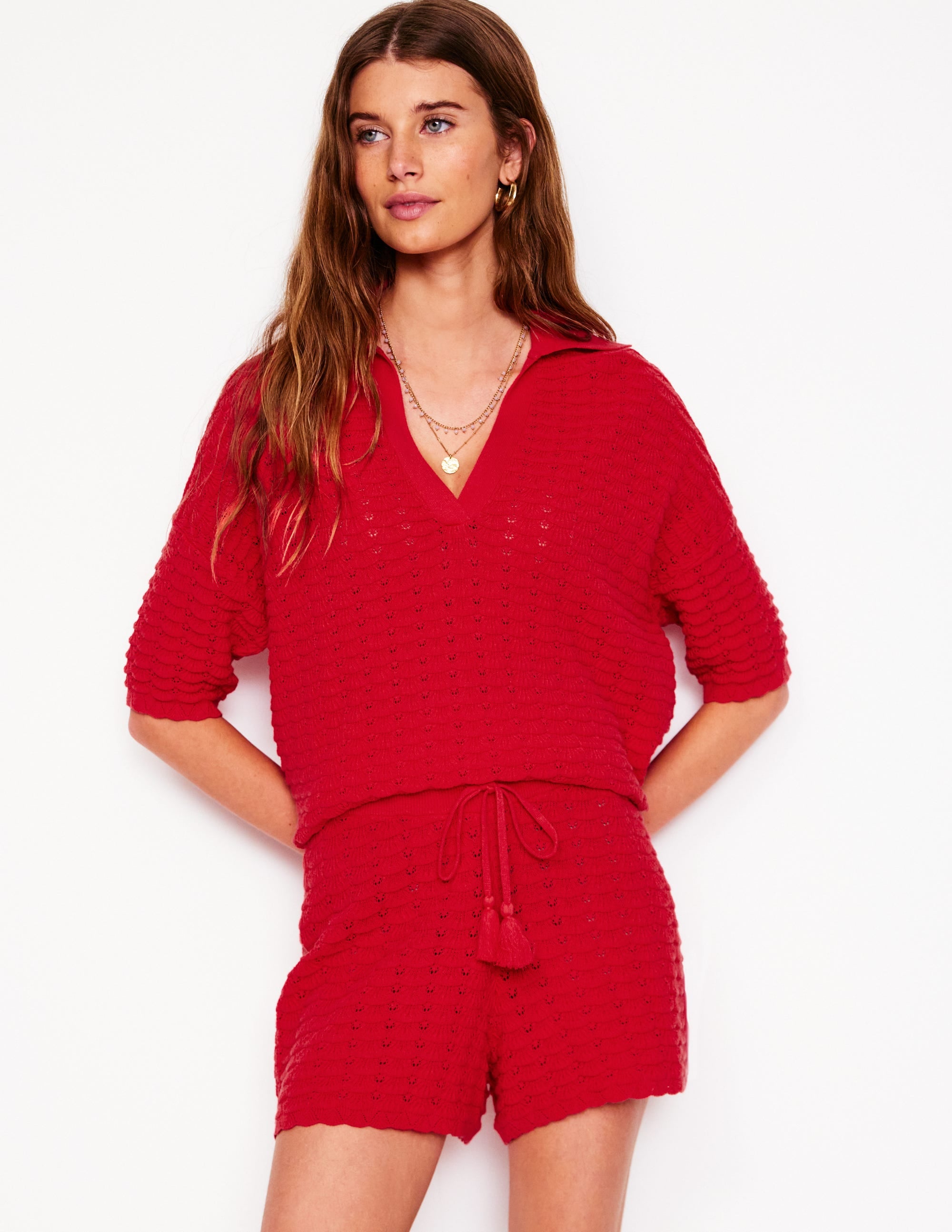 Textured Knitted Shorts-Strawberry Tart Red - Image 1
