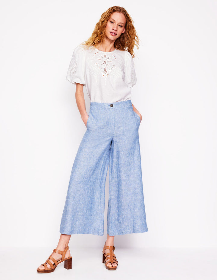 Wide Crop Linen Trousers-Grey Blue Chambray