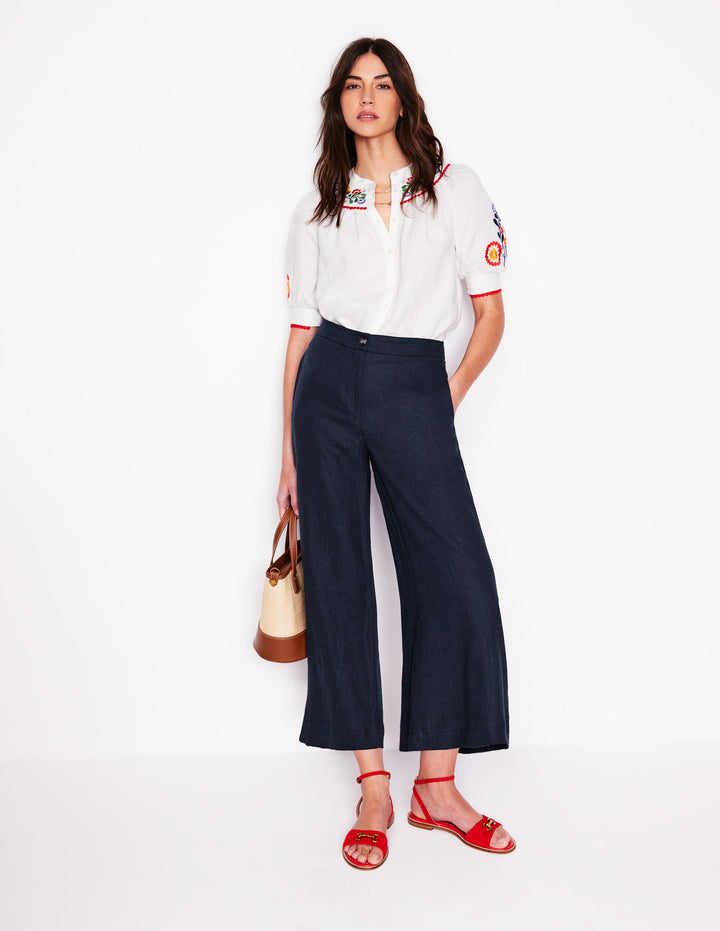 Wide Crop Linen Trousers-Navy