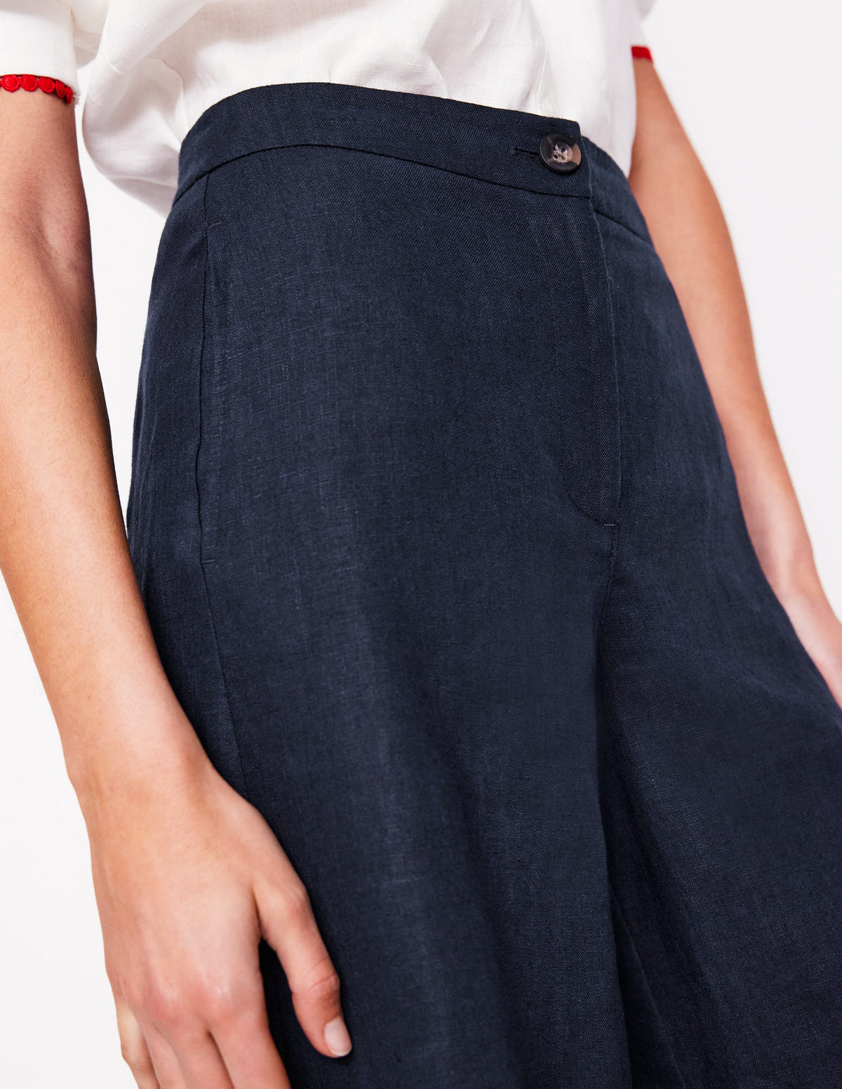 Wide Crop Linen Trousers-Navy - Image 3