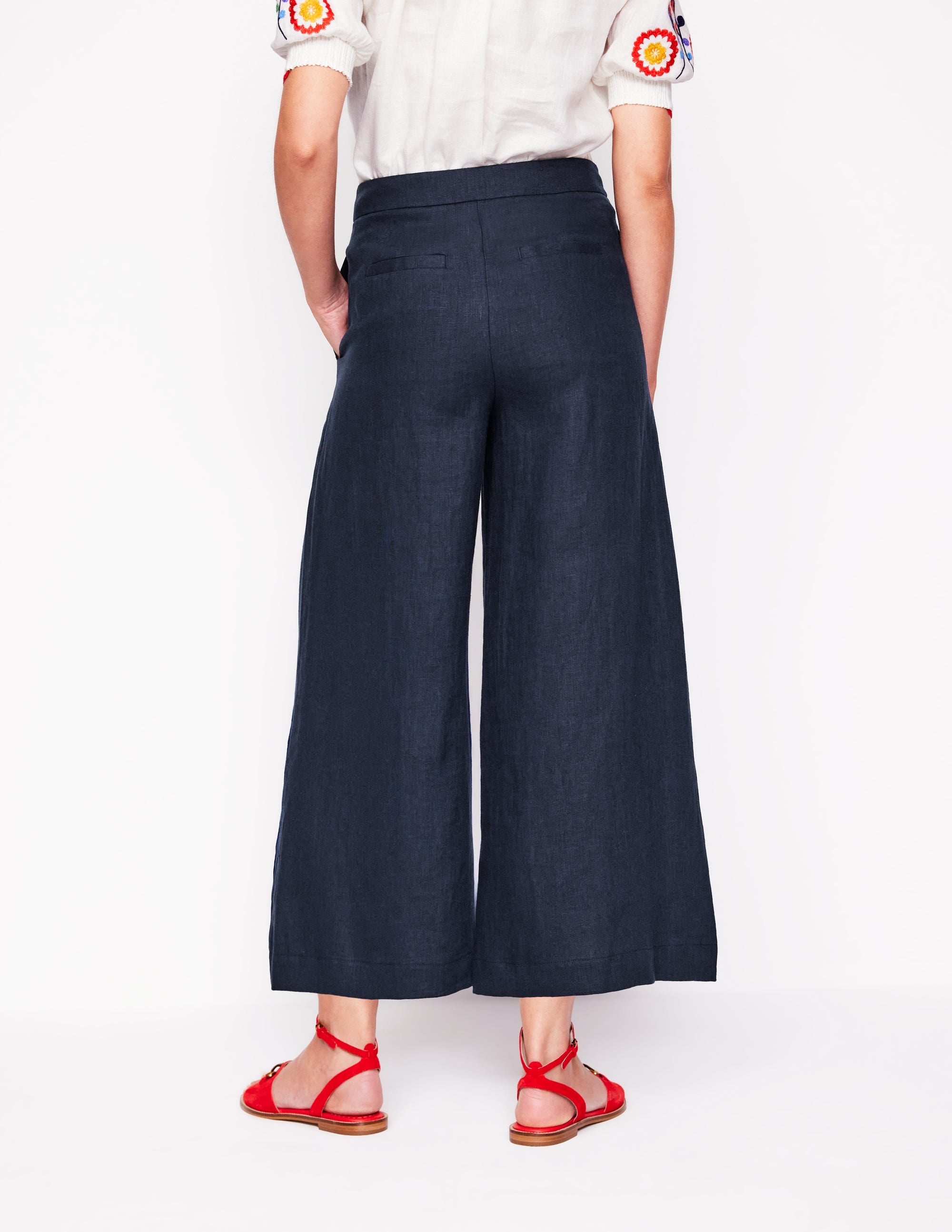 Wide Crop Linen Trousers-Navy - Image 4