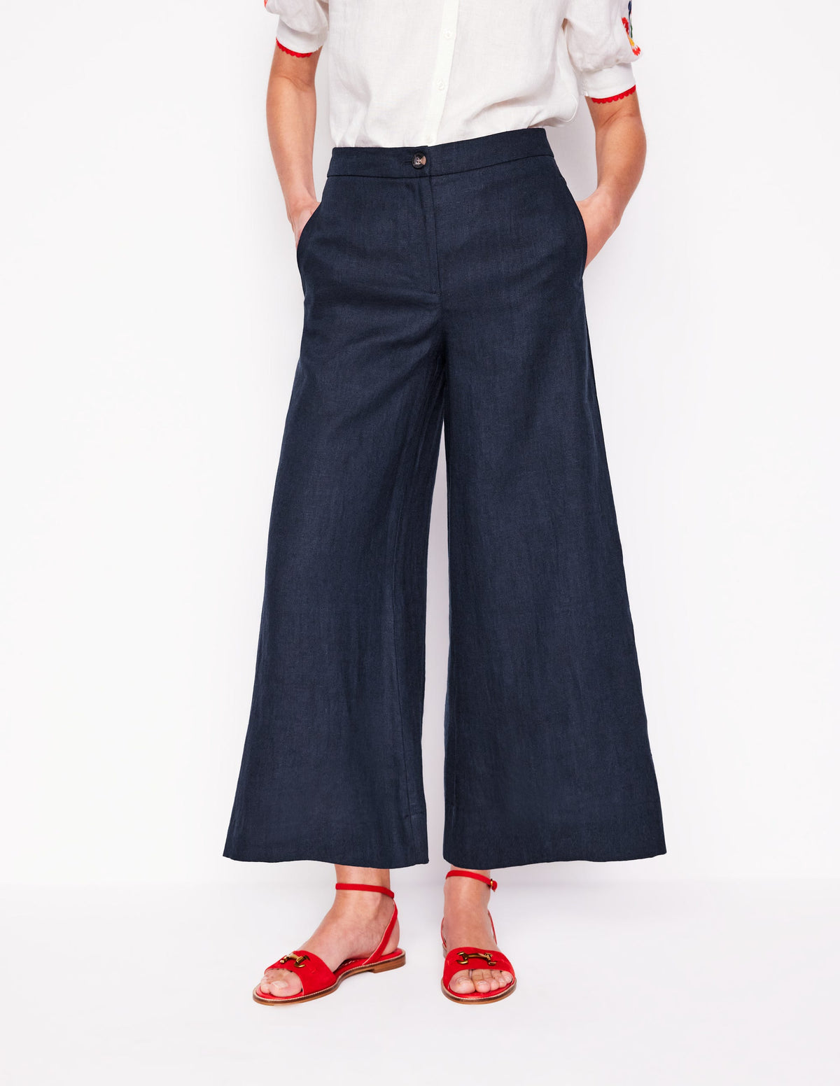 Wide Crop Linen Trousers-Navy - Image 5