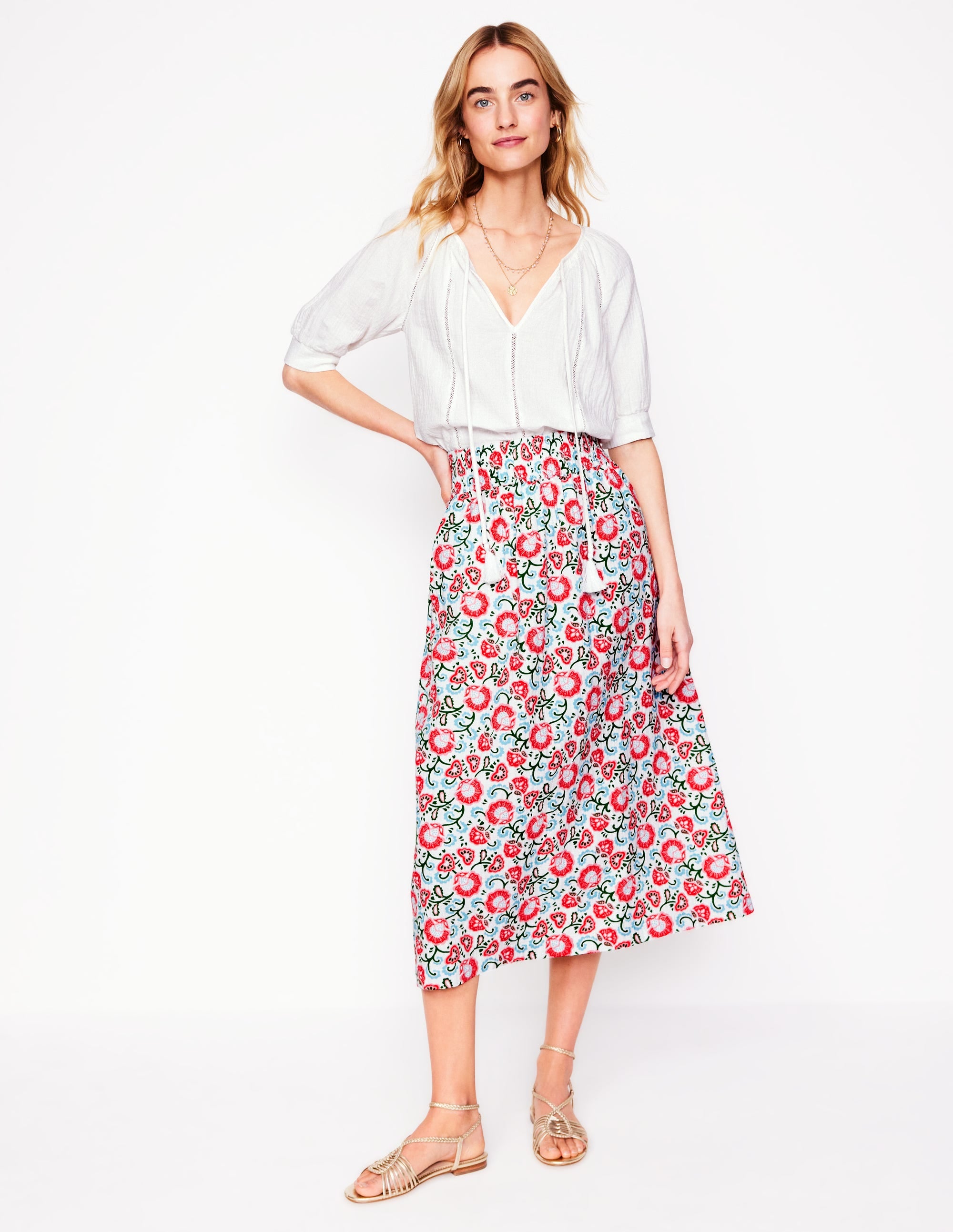 Double Cloth Smocked Skirt-Ivory, Garden Vine - Image 1