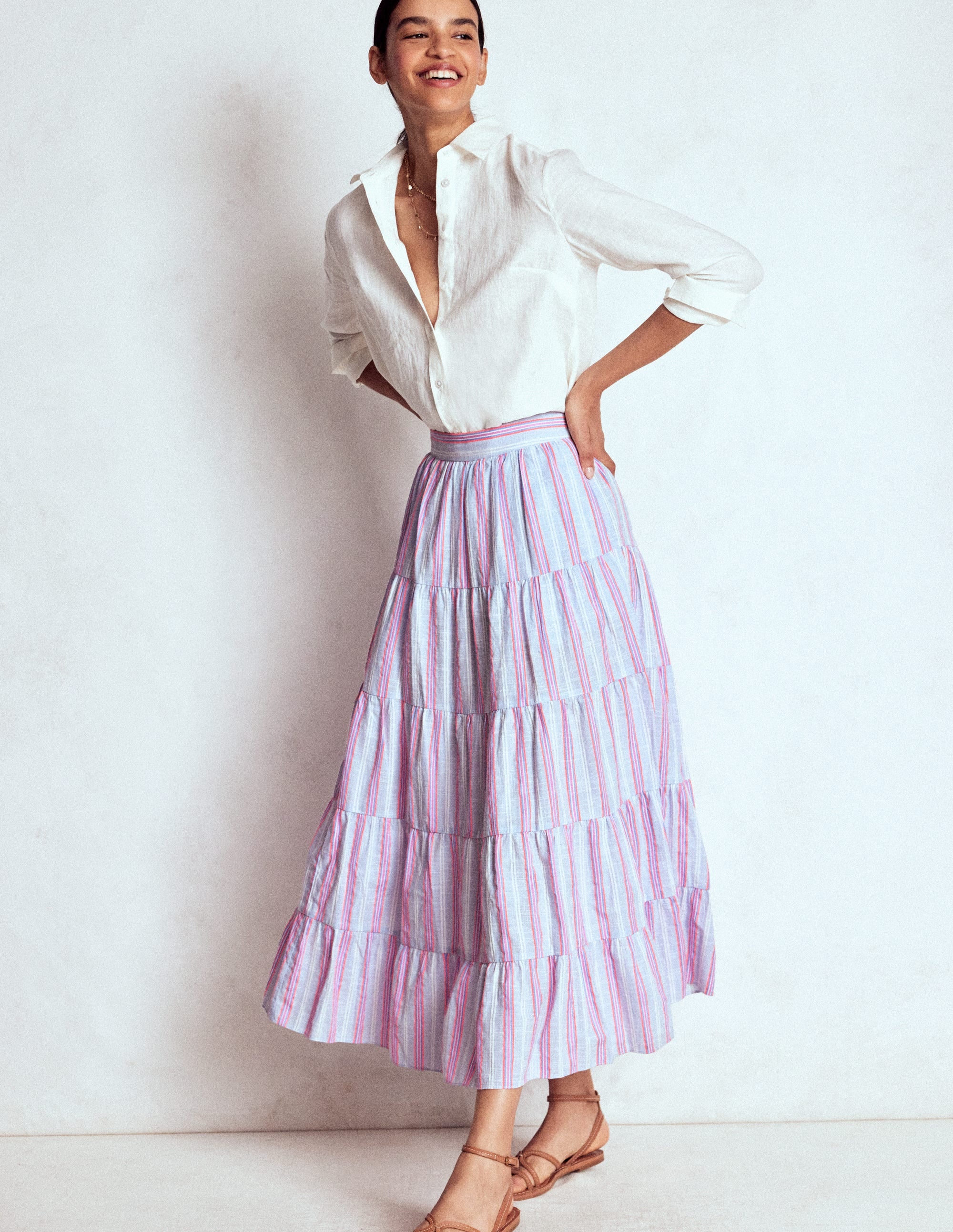 Tiered Poplin Midi Skirt-Metallic Stripe - Image 1