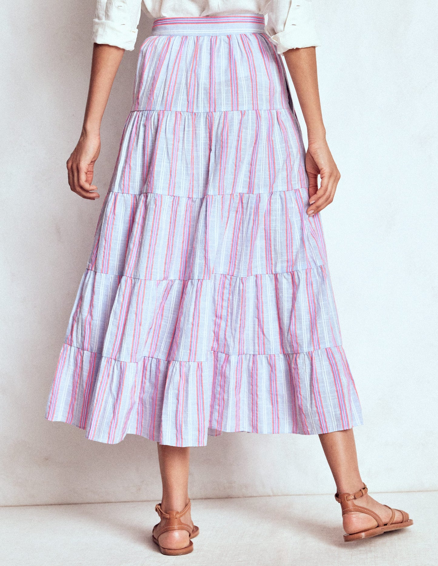 Tiered Poplin Midi Skirt-Metallic Stripe