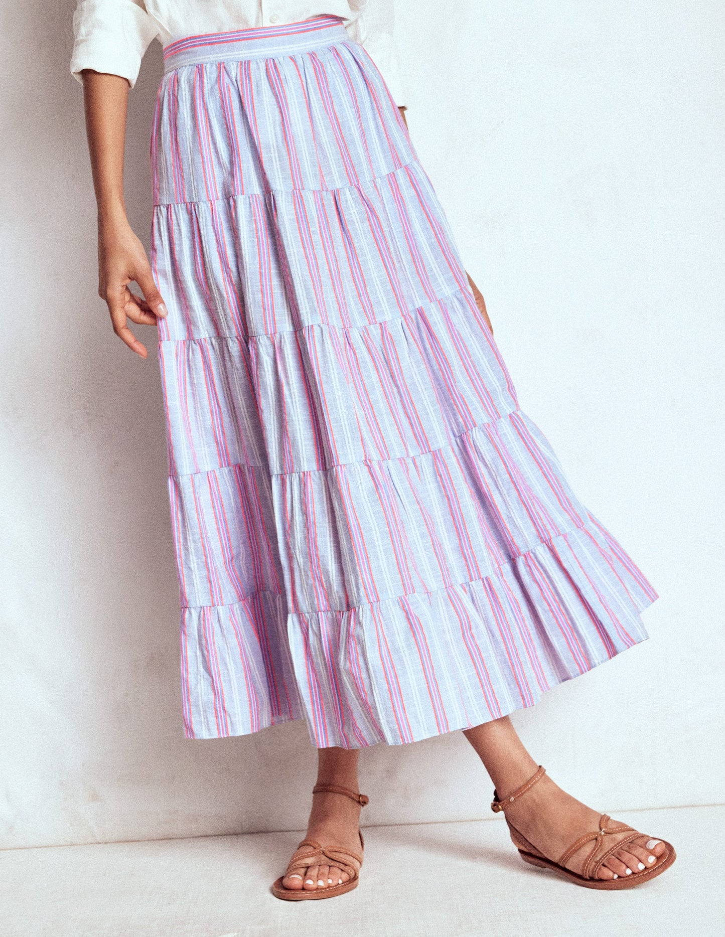 Tiered Poplin Midi Skirt-Metallic Stripe