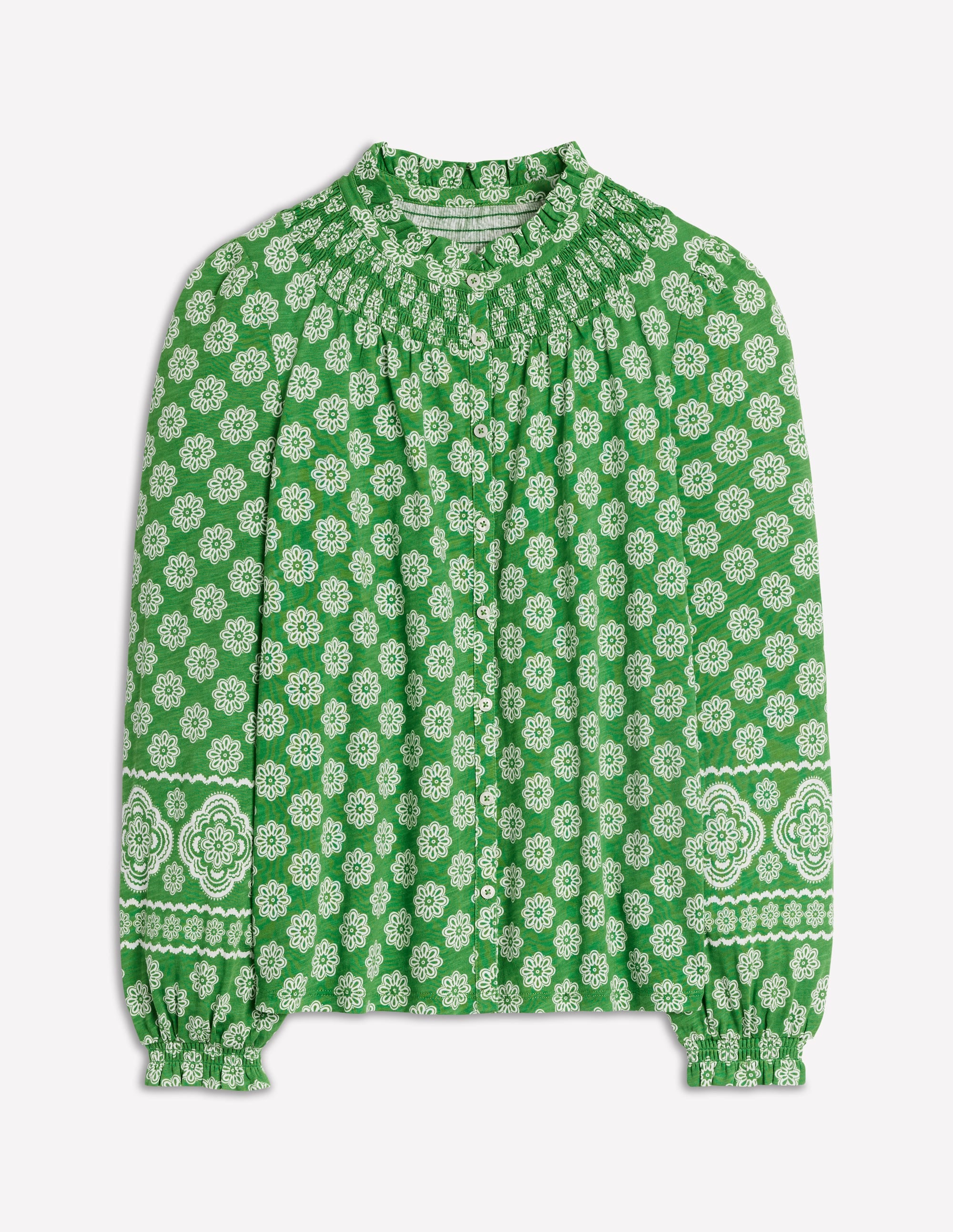 Fay Smocked Jersey Shirt-Paradise Green, Botanic Blush - Image 5
