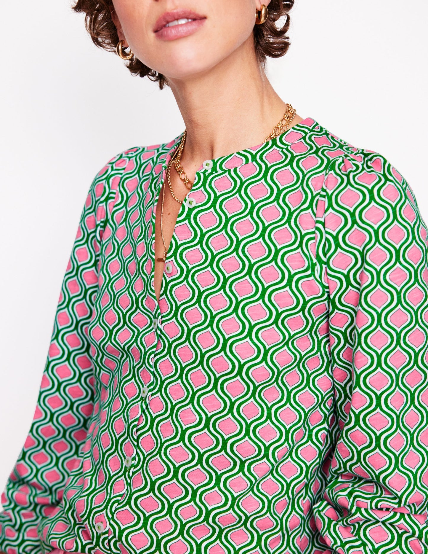 Marina Jersey Shirt-Rich Emerald, Geo Trellis