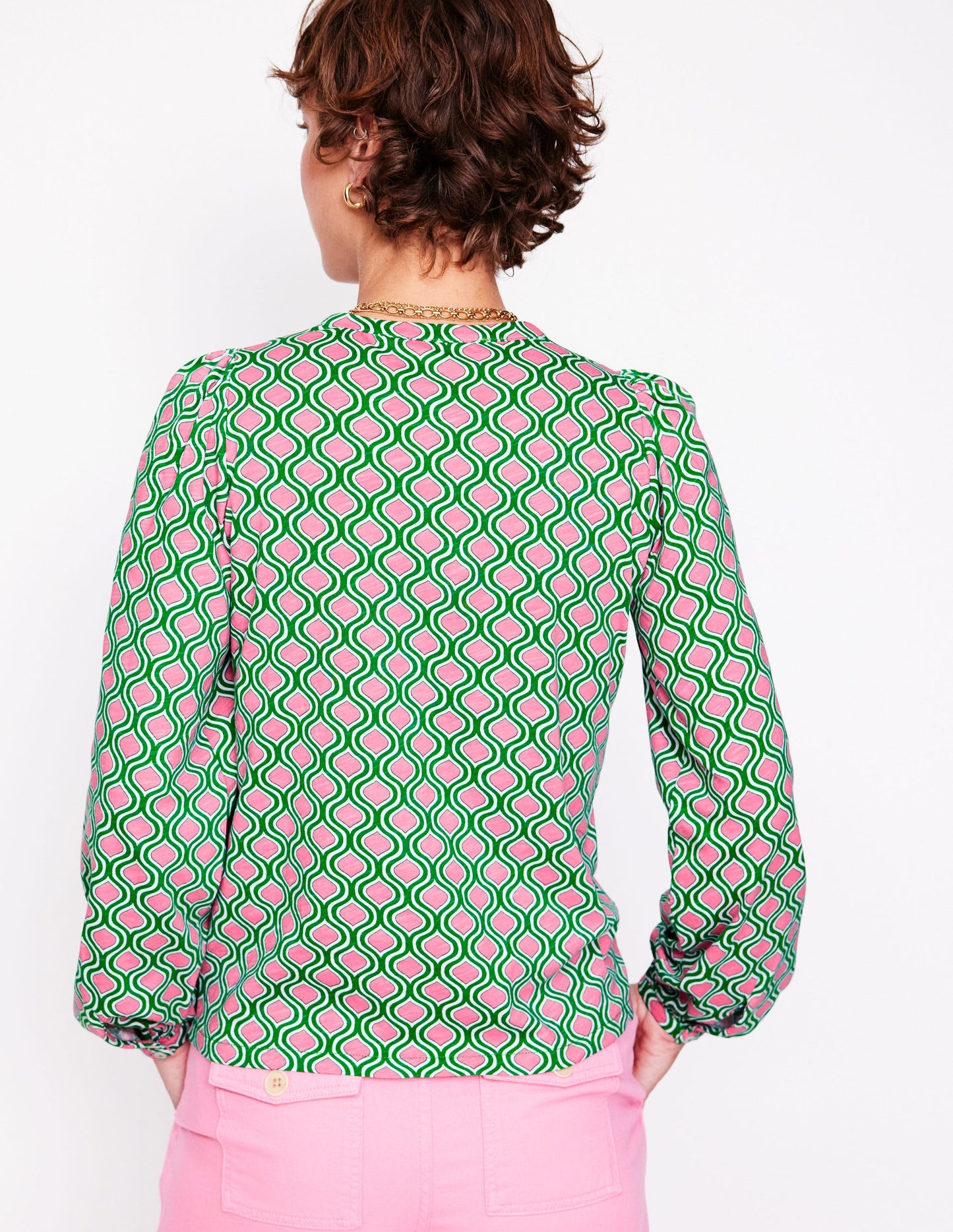 Marina Jersey Shirt-Rich Emerald, Geo Trellis