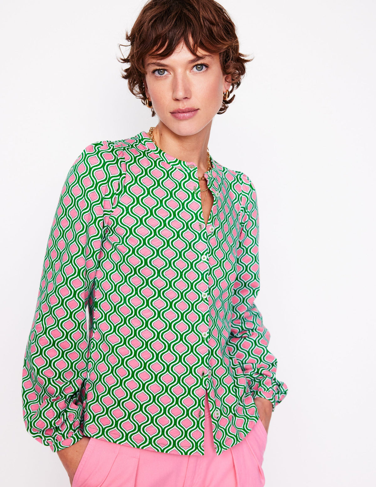 Marina Jersey Shirt-Rich Emerald, Geo Trellis - Image 4