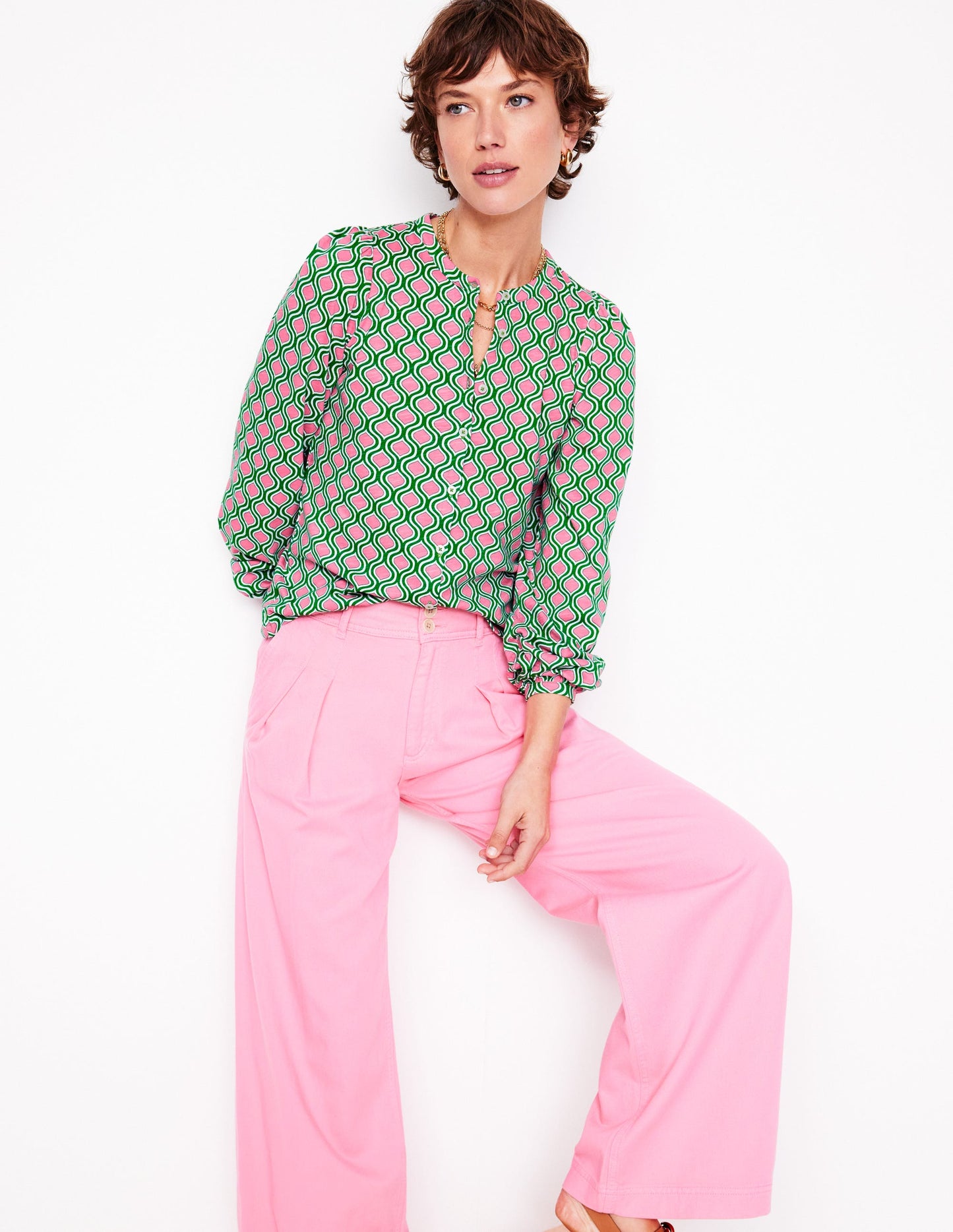 Marina Jersey Shirt-Rich Emerald, Geo Trellis