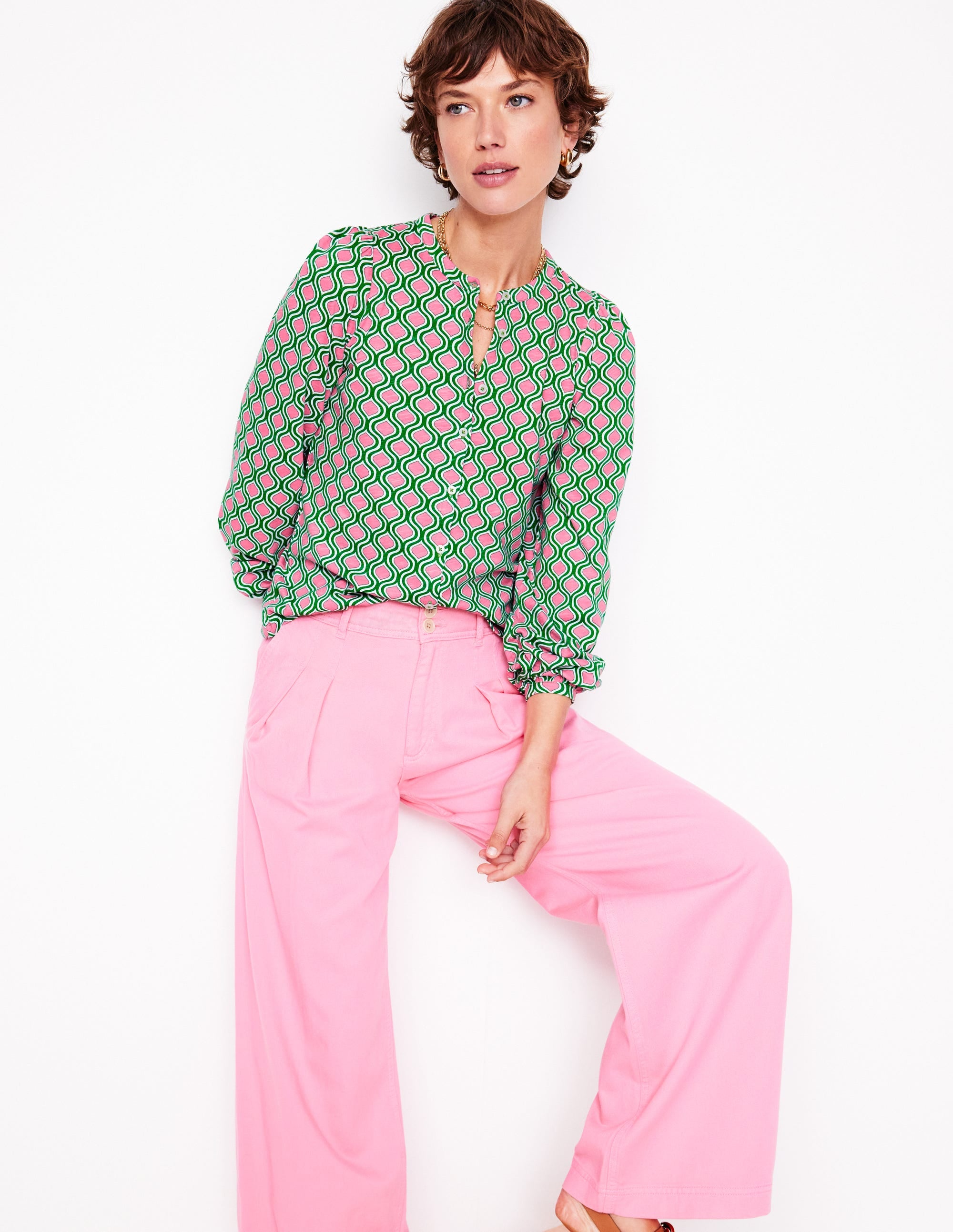 Marina Jersey Shirt-Rich Emerald, Geo Trellis - Image 5