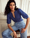 Eden Puff Sleeve Henley Top-Denim Blue