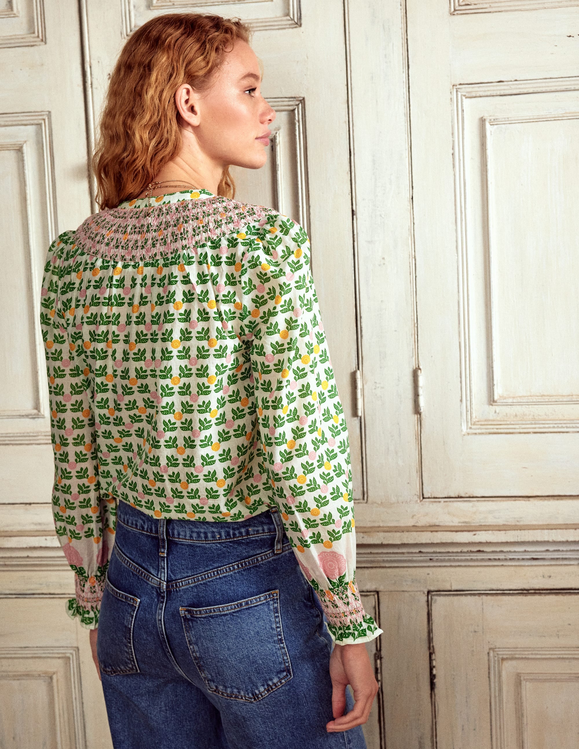 Effie Smocked Blouse-Ivory Green, Dahlia Garden - Image 3